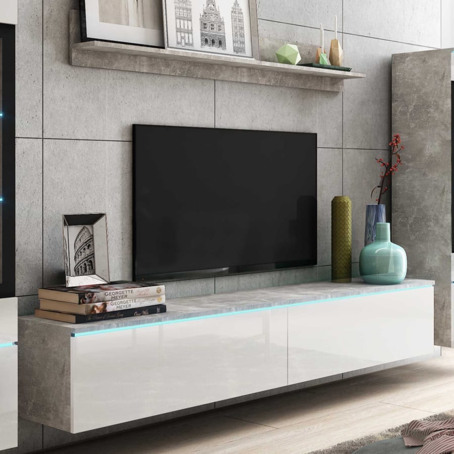 Meuble TV contemporain gris b&eacute;ton et blanc laqu&eacute; avec LED